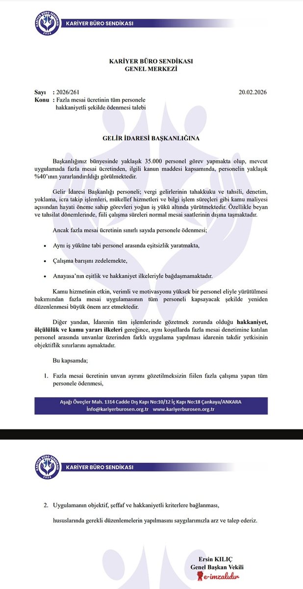 📌 Kamu Çalışanlarımızın Hak ve Güvenliği İçin Resmî Başvurularımızı Yaptık

Kariyer Büro Sendikası olarak, üyelerimizin hak, güvenlik ve çalışma koşullarına ilişkin önemli başlıklarda Gelir İdaresi Başkanlığı ve Ankara Defterdarlığı nezdinde resmî yazılarımızı ilettik.

📍 1️⃣