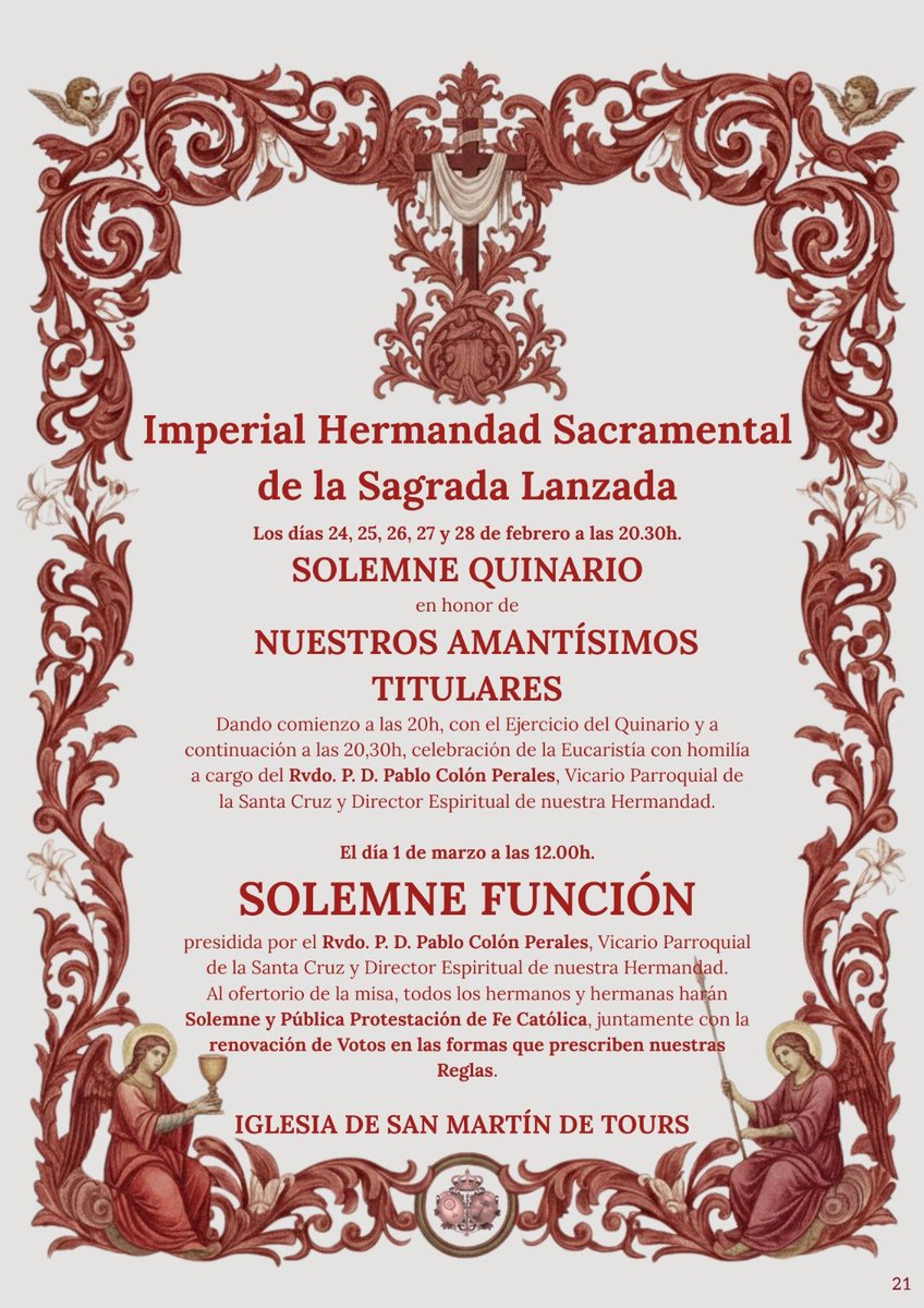 LanzadaSevilla's tweet photo. 📅 Del 24 al 28 de feb: Solemne Quinario en honor a Nuestros Sagrados Titulares.
🕗 20:00 Ejercicio del Quinario | 20:30 Santa Misa
📅 1 de marzo: Solemne Función a las 12:00.
🍽️Comida salón de la hermandad (donativo 35€).
📩 Reservas: hermandadlanzada.mayordomia@gmail.com https://t.co/olJIOokL22