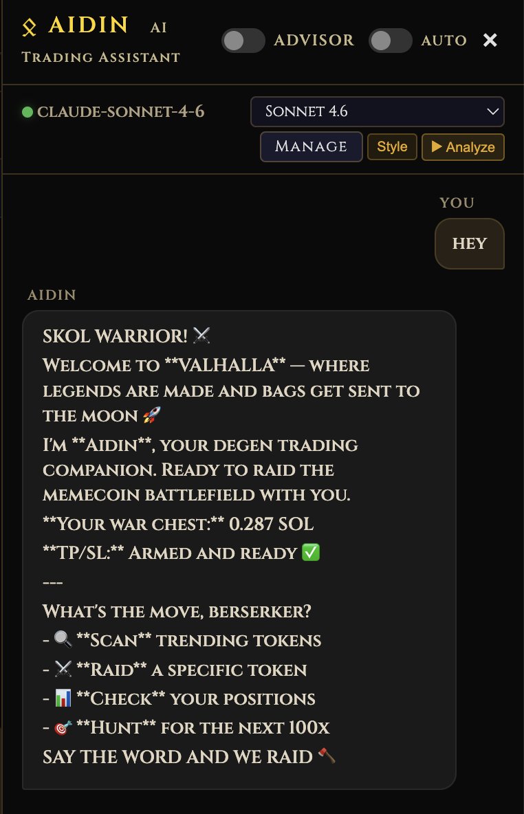 VALHALLA UPDATES LIVE!

New Transition Alerts tab tracks pump.fun graduates and detects when organic wallets take over from early buyers. Alerts at 75%+ organic volume. 

Sell All button in MINE tab. One click to exit every position.

Claude Sonnet 4.6 added.