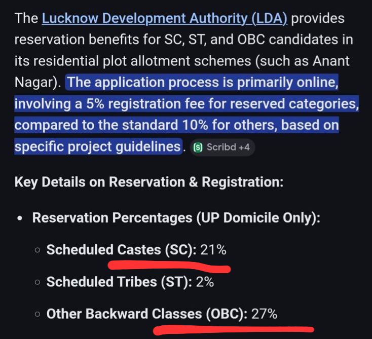 Lucknow Development Authority is giving Reservations to SC/ST/OBCs in residential plot allotment schemes.

How can you have Reservations on plots worth crores? Isn't this wealth redistribution?

This is absolutely outrageous !