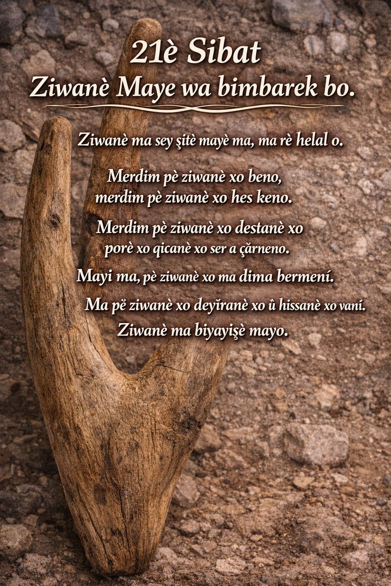 laser_ware's tweet photo. 21ê Sibat Ziwanê Maye wa bimbarek bo. Ziwanê ma  sey şitê mayê ma, ma rê helal o. Merdim pê ziwanê xo beno, merdim pê ziwanê xo hes keno. Merdim pê ziwanê xo destanê xo porê  qicanê xo ser a çarneno. Mayî ma, pê ziwanê xo ma dima bermenî. Ziwanê ma bîyayişê mayo." https://t.co/Gr6t2fdlWu