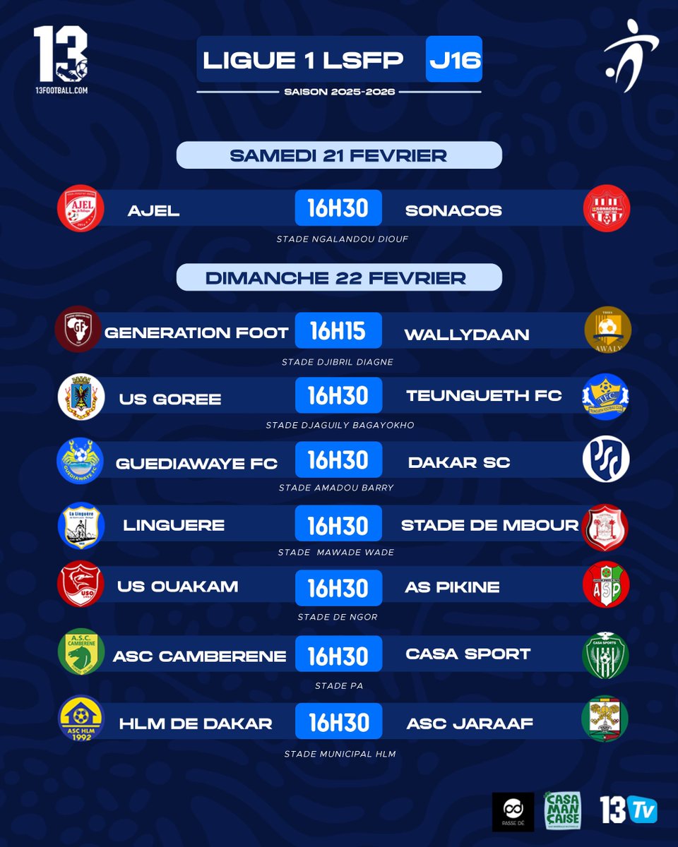 13footballC's tweet image. Programme des 16es journée Ligue 1 &amp;amp; Ligue 2 🇸🇳

#13Football
#13TV
#LSFP
