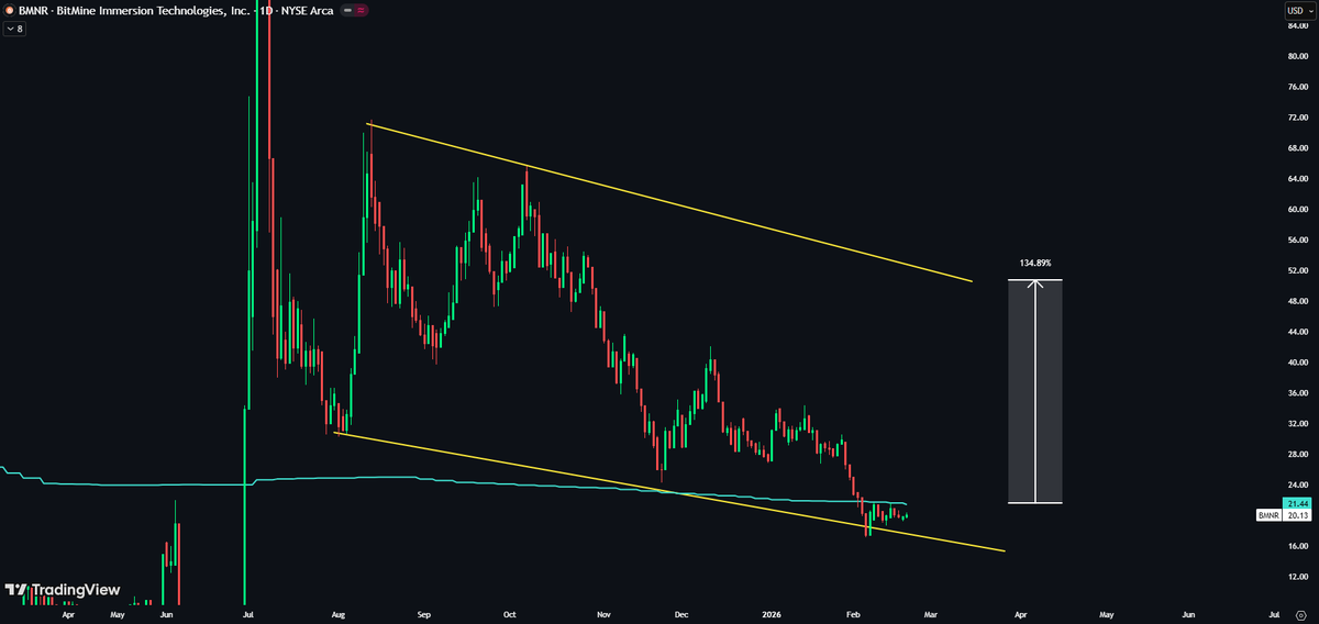 $BMNR — don’t rush this 👀

Price continues to respect the lower trendline for support.

Flipping the 200-WMA to support would be a nice entry.

+134% upside to the top of the wedge 🚀