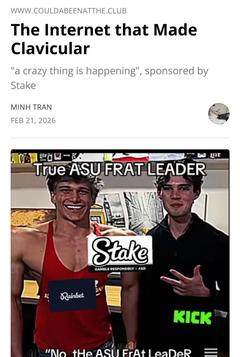 wrote about Clavicular, the Kick stream clipper economy propping him up, and the implications of cultural conversation being driven by marketing tactics employed by online casinos open.substack.com/pub/couldabeen…