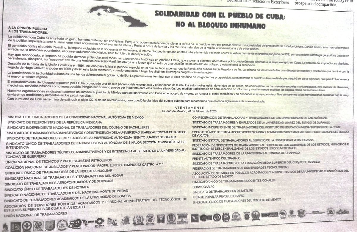 33 uniones sindicales de #Mexico se solidarizan con #Cuba, rechazan el bloqueo de EEUU y exhortan al pueblo mexicano a ayudar a Cuba, romper el "cerco mediático" y brindar al pueblo cubano "apoyo petrolero".