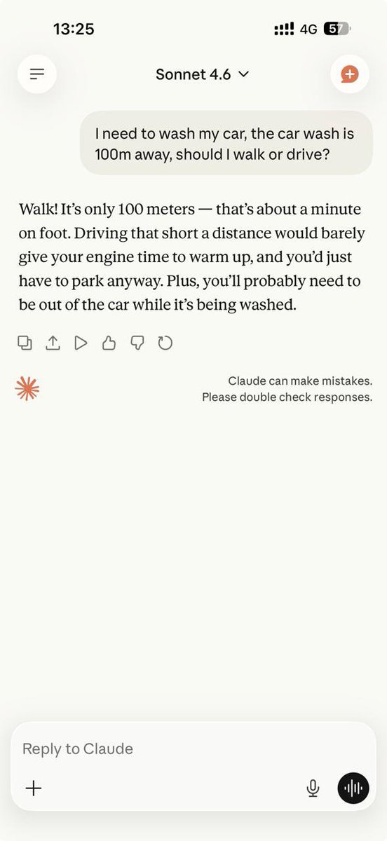 JonoBiggs's tweet photo. So I did the ask the AI “I need to wash my car, the car wash is 100m away, should I walk or drive?” And only Grok understood #grok #GrokAi https://t.co/kkzQshbmOi