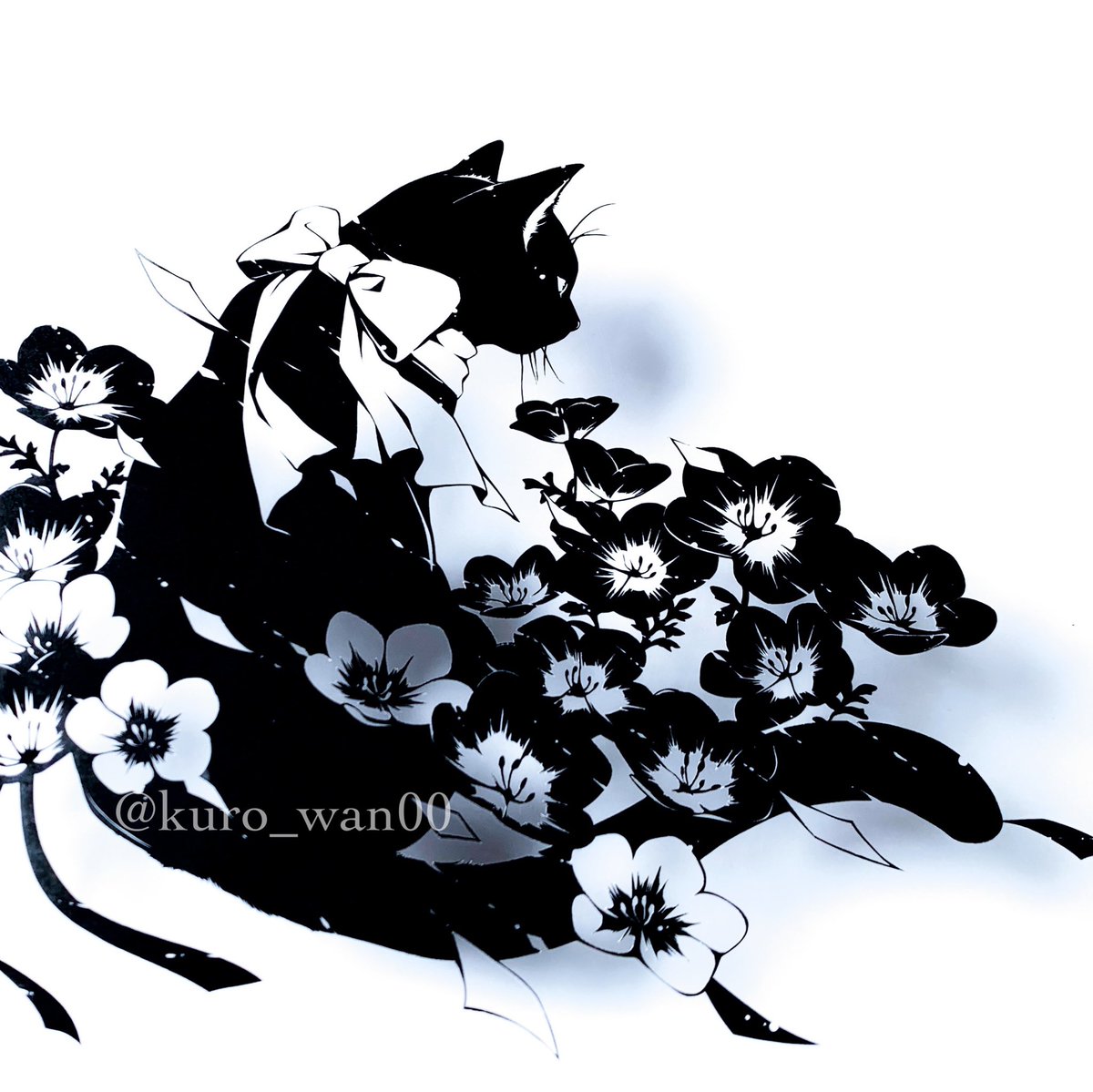 3連休あっちこっちで作品多発警報 黒猫とネモフィラの切り絵🐈‍⬛💠