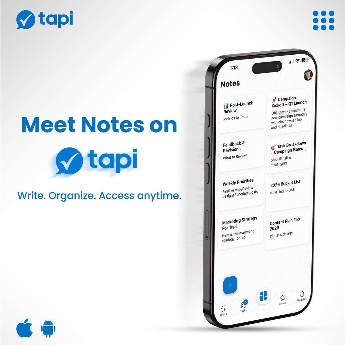 TapiLtd's tweet photo. Notes don’t belong in chats.

Ideas. Plans. Reminders.
They need structure.

Meet Notes on Tapi.
Write. Organize. Access anytime.
Download Tapi now: 🔗 https://t.co/1ALiELsTmd

#Tapi #MeetTapi #WorkSimplified #AllInOneApp
#TaskManagement #TeamCollaboration #ProductivityApp https://t.co/gRDdrVGBNE