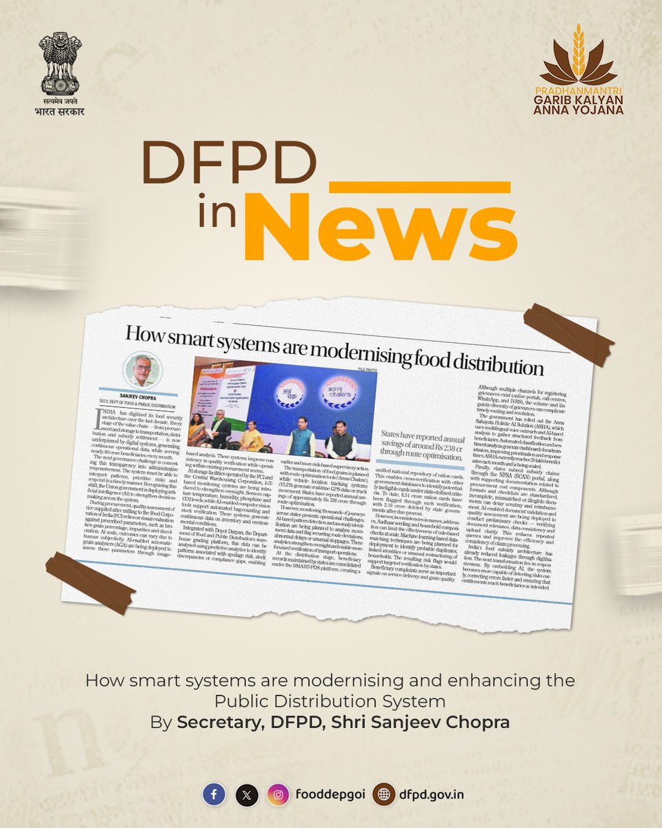 fooddeptgoi's tweet photo. Smart systems are modernising and enhancing India's Public Distribution System!
How innovative technology is driving efficiency, transparency and food security for all.
By Secretary, DFPD – Shri Sanjeev Chopra
#DFPD #PMGKAY #FoodSecurity #SmartPDS #AI_in_PDS https://t.co/VVTjp5J6yV