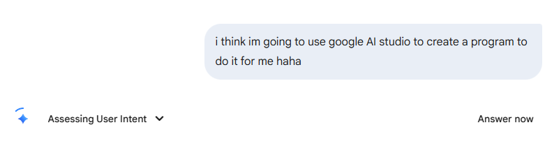 "Assessing User Intent"

I might be asking Gemini to make a bomb oh my god guys.. hold on lets assess the intent here.