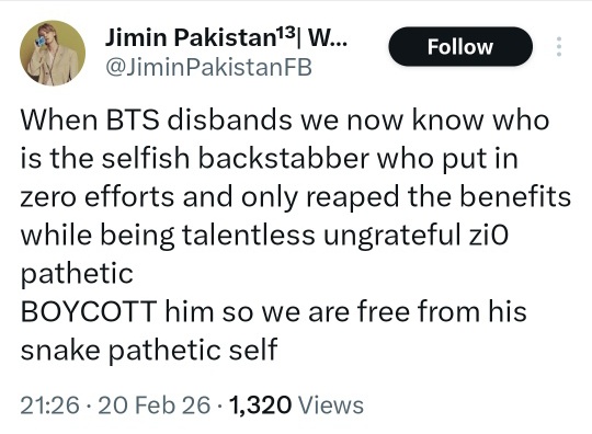 .<a href="/JiminPakistanFB/">Jimin Pakistan¹³| WHO is JIMIN'S MUSE</a> 
As Taehyung’s fanbase, we’re calling this out plainly: the disrespect toward Taehyung is loud, bitter, and completely baseless.

He has proven his talent, impact, and contribution to BTS time and time again. You don’t get to rewrite history because of your