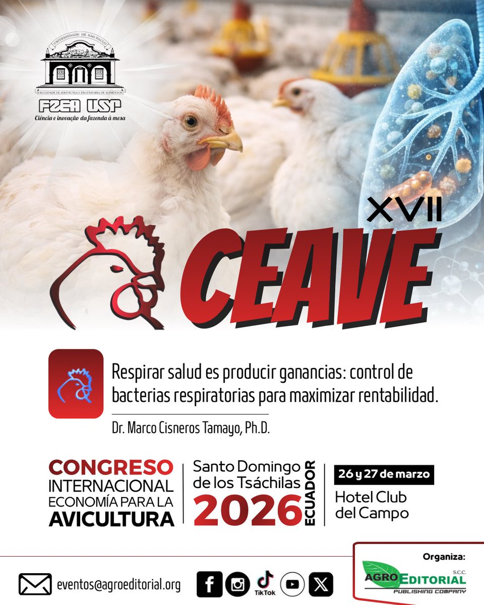 📢 Conferencia Magistral | CEAVE 2026

👨‍🔬 Dr. Marco Cisneros Tamayo, PhD.
🇪🇨 Ecuador 
📅 26 y 27 de marzo
📍 Hotel Club del Campo – Santo Domingo de los Tsáchilas

🤝 Contenido técnico de alto nivel.
👉 Inscríbete: eventos@agroeditorial.org

#CEAVE2026 #AviculturaEcuatoriana
