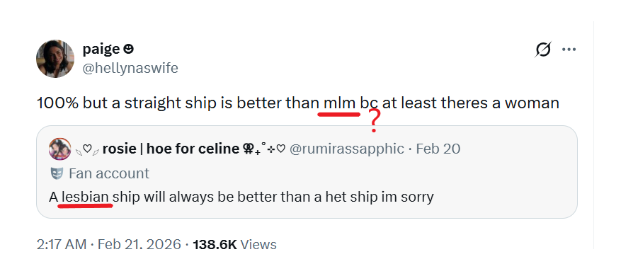 yall cant even leave a post about women x women ships alone without turning it into conversation about male ships and want us to believe that you gaf about women? who said anything about mlm ships? stop with this performative activism