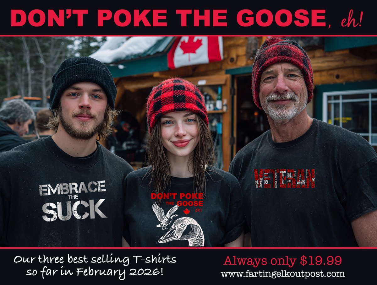 Three of our favourite T-shirts on a Saturday morning! Always $19.99 Veteran owned and operation home-based business. <a href="/buycanadian/">Buy Canadian Online</a> <a href="/MadeinCanada25/">BuyCanadian</a> #canadianveteran #canadianmade #buyveteran #benmulroney  fartingelkoutpost.com