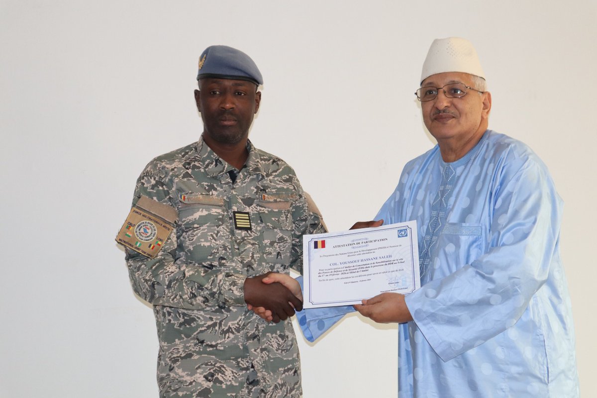 FrancisUNDP's tweet photo. 2 years+ of work by the #DDR Commission is paying dividends.  #DDR in Tchad made measured and important gains last week with a 3-day sensitization workshop with the 🇹🇩 Defense &amp; Security Forces on their role and responsibilities.  🙏🇨🇭🇺🇳 &amp; partners. https://t.co/vGVolWWyvx