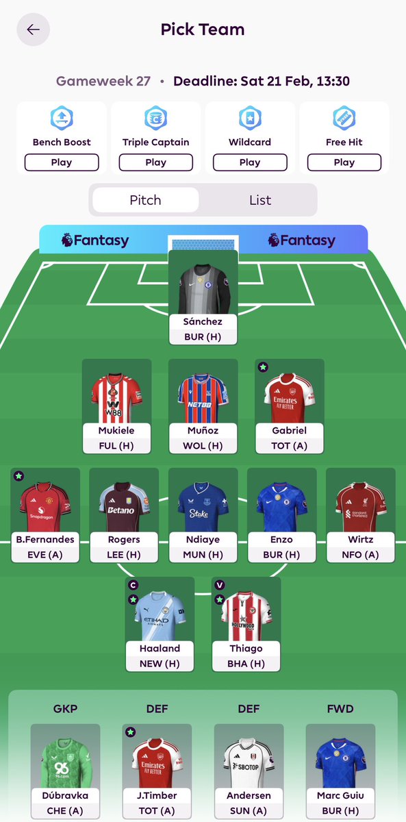FPLBK3's tweet photo. GW27🔒

1/1 FT
Rice ➡️ Wirtz

Did this last minute as I wanted someone from LIV, could have delayed but want to attack the good fix✅

Finally decided to bench Timber for Mukiele, risky but let’s see what happens👀
Andersen🪑

Haaland🧢

World Rank ➡️ 104k🌎

#FPL #FPLCommunity https://t.co/uwnvjXOPvw