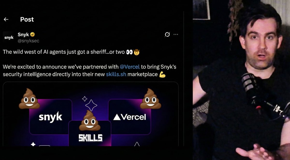 ZackKorman's tweet photo. New video: The cybersecurity community needs to disincentivize the type of behavior we saw with vendors "security washing" Vercel's skills marketplace. 

https://t.co/m1565z8Ytw https://t.co/UVzLG34wMK
