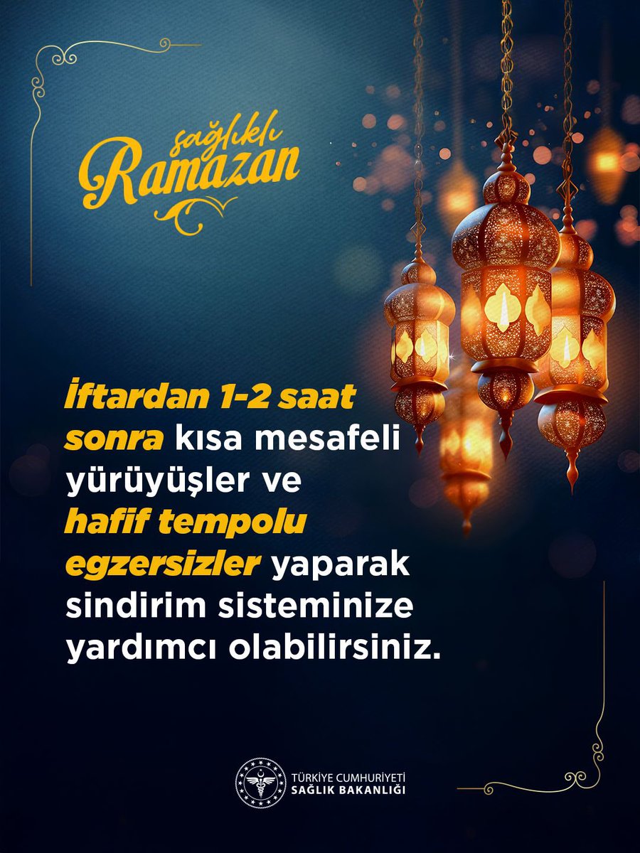 İftardan 1-2 saat sonra kısa mesafeli yürüyüşler ve hafif tempolu egzersizler yaparak sindirim sisteminize yardımcı olabilirsiniz.

#SağlıklıRamazan