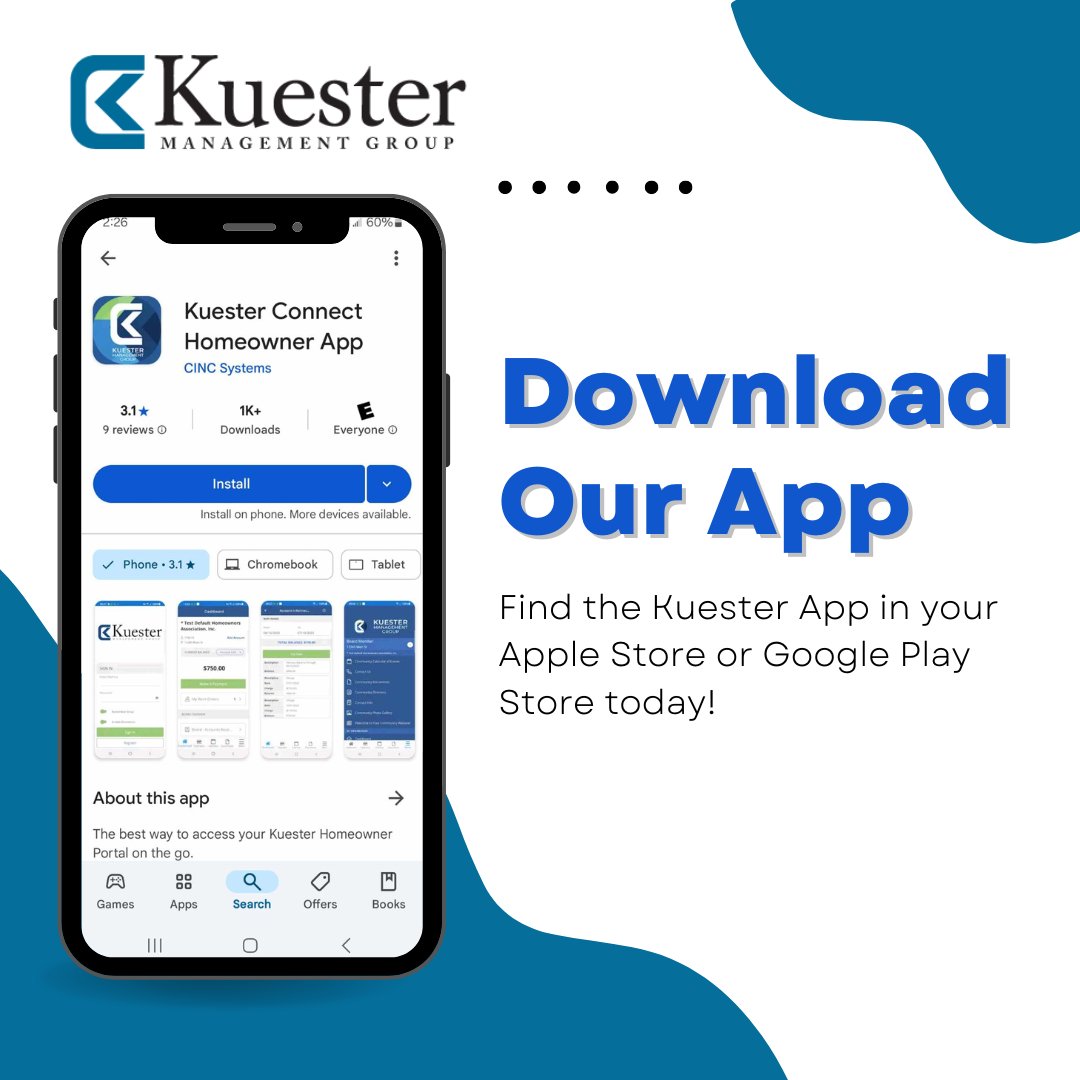 KuesterCompany's tweet image. Stay plugged into your community with the Kuester Connect App. Get updates, documents, and reminders wherever you are. Available on the App Store and Google Play. #HOA #CommunityApp