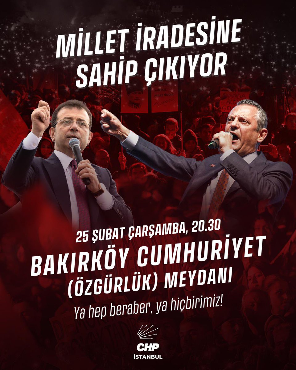 Bakırköy Cumhuriyet Meydanında buluşuyoruz…

Genel Başkanımız Özgür Özel öncülüğünde, Cumhurbaşkanı adayımız Ekrem İmamoğlu ve tüm yol arkadaşlarımıza özgürlük için buluşuyoruz.

📍 Bakırköy Cumhuriyet (Özgürlük) Meydanı
🗓️ 25 Şubat Çarşamba | 20.30