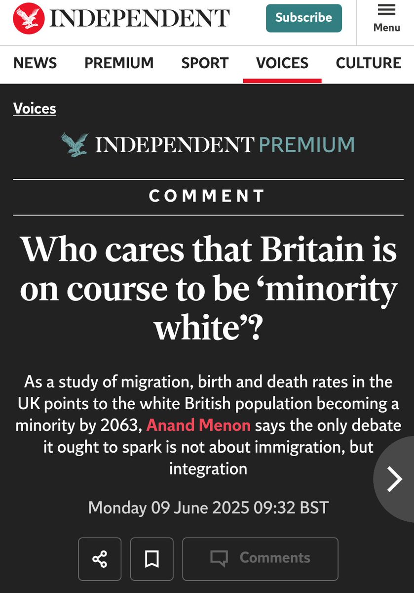 MigrationWatch's tweet image. The Guardian, 2000: White Brits will be a minority by 2100 - the first time a group has "voluntarily" become a minority in its own country

The Independent, 2025: White Brits will be a minority by 2063 - and that's a good thing

Migration is changing Britain beyond recognition.