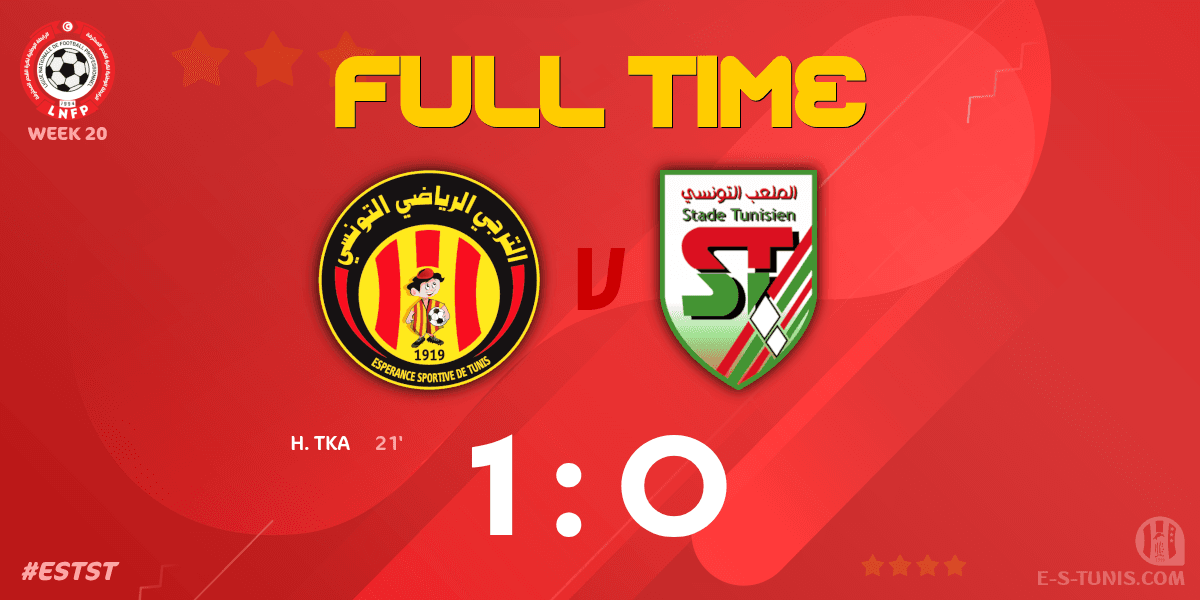ESTuniscom's tweet photo. ⏱ FT | #Ligue1Tn🇹🇳 Week 20 #ESTST | @ESTuniscom 1⃣-0⃣ #StadeTunisien : End of the match / نهاية المباراة / Fin du match https://t.co/81yLyzhRkc
