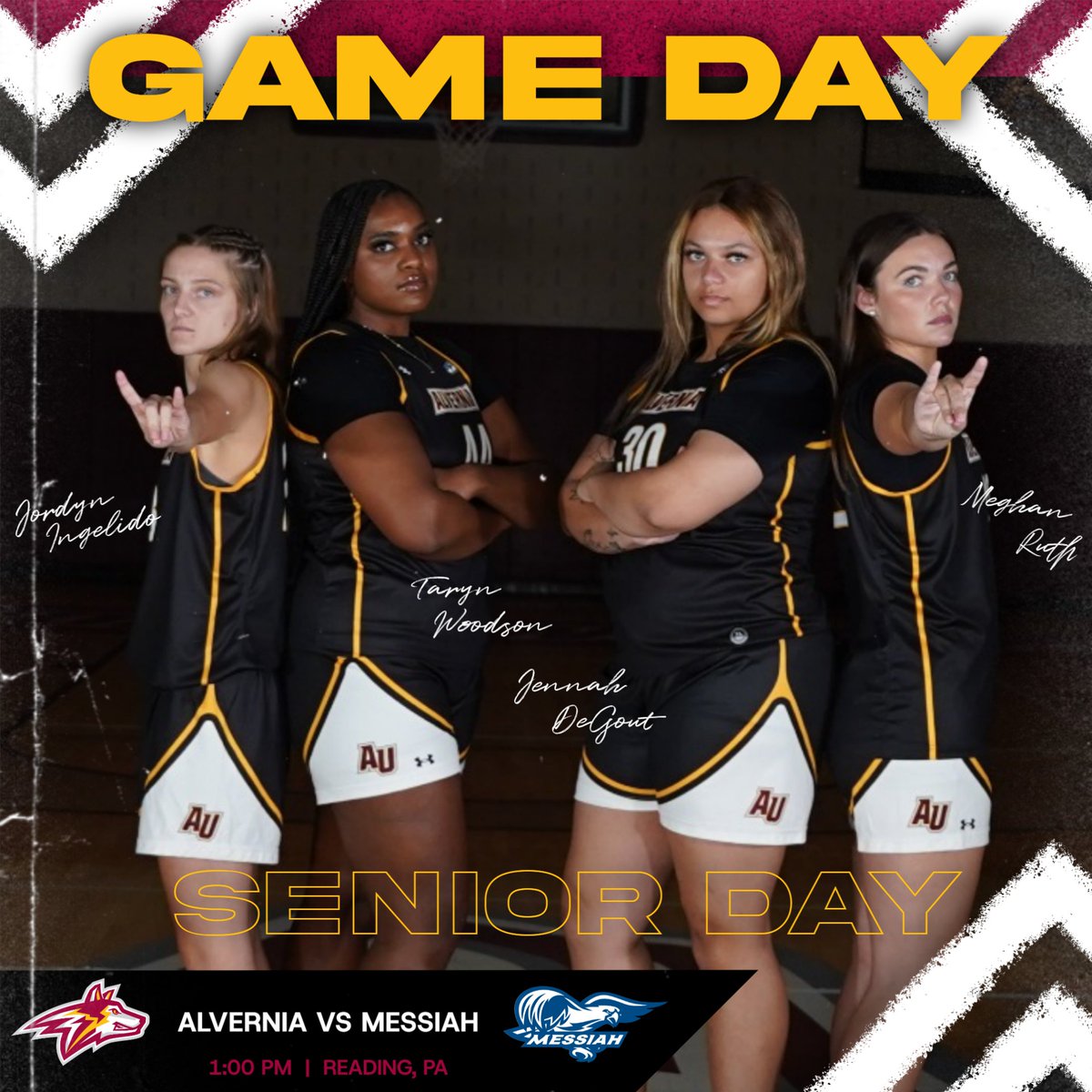 AlverniaWbb's tweet photo. SENIOR DAY!!!! The Golden Wolves will take on the Falcons from Messiah University in their Senior Day Game. Tip-off will be at 1:00 PM. #auwbb #goldenwolves #earsup https://t.co/lvLWxEUPOi