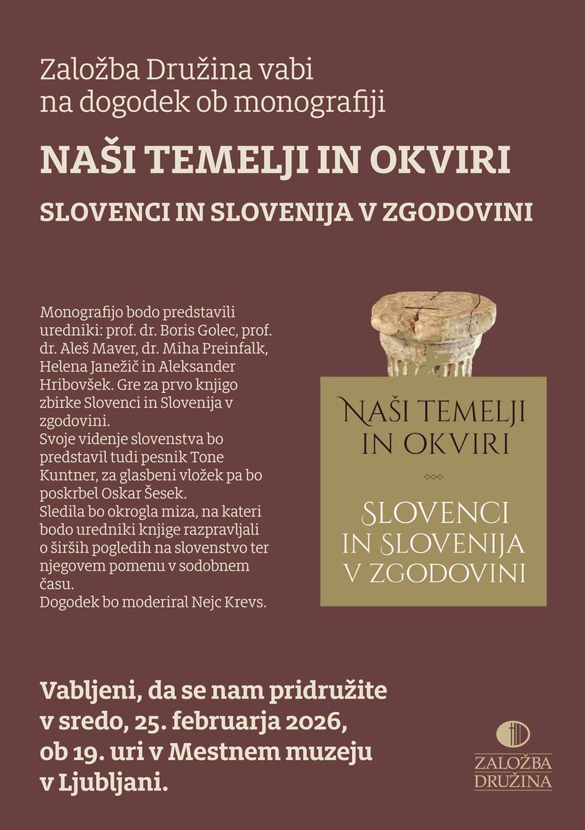 HeraldicaSVN's tweet photo. 🇸🇮Vabimo vas na dogodek ob monografiji
𝐍𝐚𝐬̌𝐢 𝐭𝐞𝐦𝐞𝐥𝐣𝐢 𝐢𝐧 𝐨𝐤𝐯𝐢𝐫𝐢
𝐒𝐥𝐨𝐯𝐞𝐧𝐜𝐢 𝐢𝐧 𝐒𝐥𝐨𝐯𝐞𝐧𝐢𝐣𝐚 𝐯 𝐳𝐠𝐨𝐝𝐨𝐯𝐢𝐧𝐢
🛡️Med avtorji so tudi trije člani našega društva!!
📆Sreda, 25. februar, ob 19. uri
📌Mestni muzej Ljubljana https://t.co/af7Jda6chi