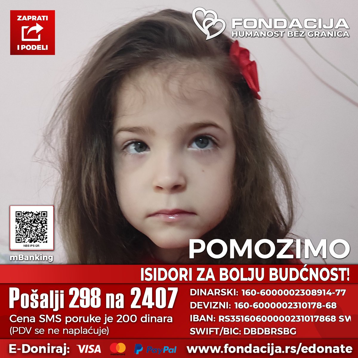 1na2407's tweet image. ZAPRATI NAŠ PROFIL, PODELI TVIT I POMOZI DECI!🙏
🇷🇸 Pošalji SMS: 298 na 2407

Isidora je rođena 2019. godine, prevremeno u 24. nedelji trudnoće, sa krvarenjem na mozgu koje je izazvalo cerebralnu paralizu.
Ne govori, ne sedi i ne može samostalno da se hrani, ali se svakodnevno