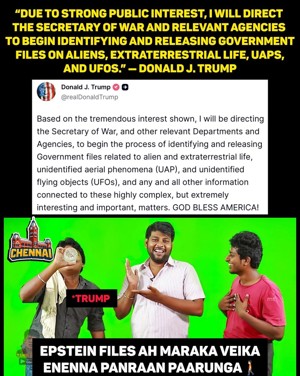 memeschennai's tweet image. Evlo alaga divert panraan paarungalaen😂👍🏻

#DonaldTrump #UFOFiles #UAP #Extraterrestrial #AlienLife #Disclosure #GovernmentFiles #BreakingNews #UFOCommunity #Declassification
