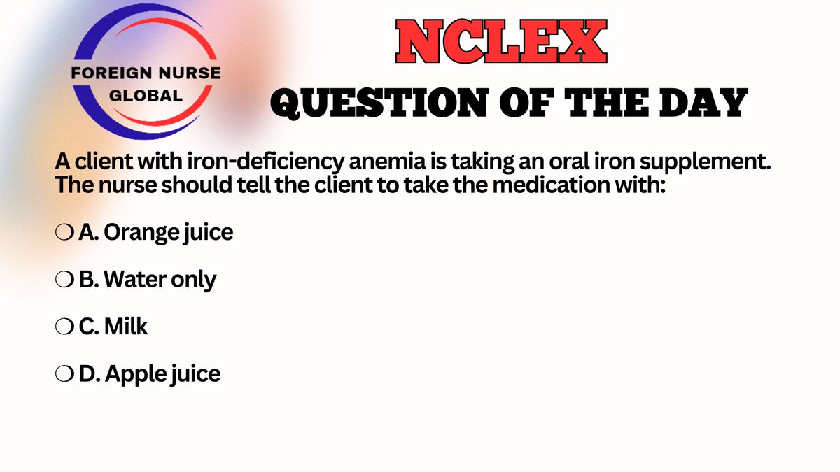 LET'S ATTEMPT NCLEX QUESTION TODAY....
SEND IN YOUR ANSWERS.....
THE CORRECT ANSWER WILL BE POSTED LATER.....
 #FNG #foreignnurseglobal #nclexreview #nclexsurepass #nclexmadeeasy #nclexpass #NCLEX #NCLEX_RN #nclexprep #nclexquestions #nclexstudy #nclextips #USRN #nclexpreparation