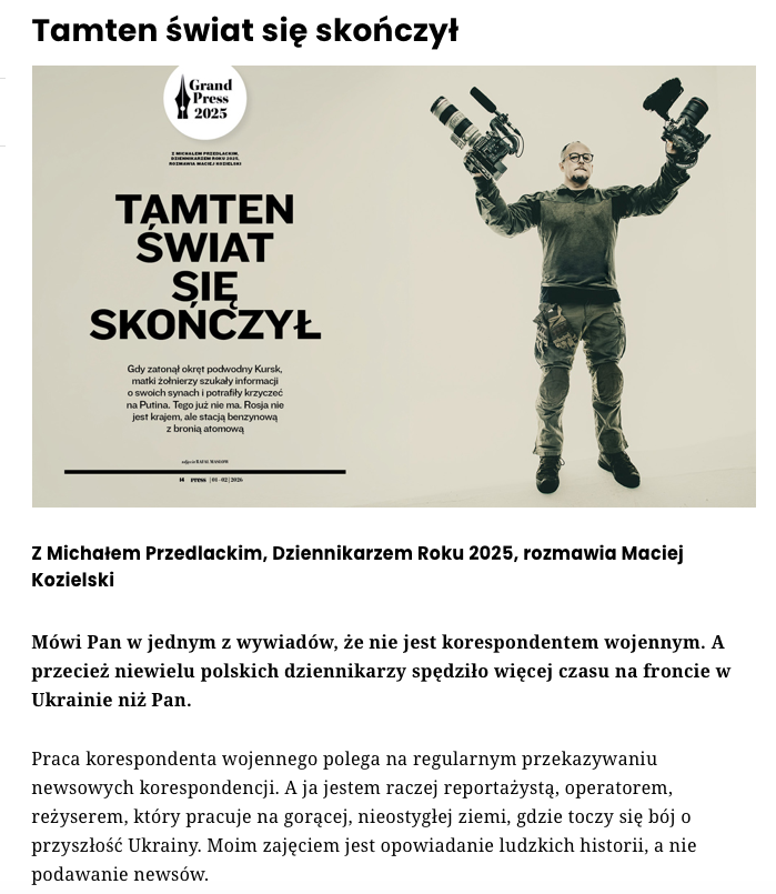 LKraskowski's tweet image. Właśnie się dowiedziałem, że Dziennikarzem Roku 2025 został reporter #TVN Michał Przedlacki ("Grand Press"). 
I jest mi niewyobrażalnie głupio, bo nie wiem kto to jest. Jest znacznie gorzej - ja pierwszy raz usłyszałem to nazwisko. 
@Google mi powiedział, że Michał Przedlacki to