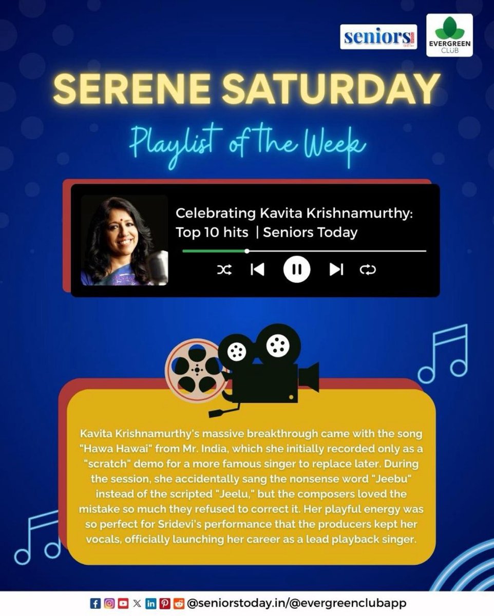 From playful beginnings to timeless classics, her voice has carried generations of melodies straight to the heart. This week, we honor her journey with a playlist of unforgettable hits.

#KavitaKrishnamurthy #top10songs #bollywoodsongs #melodiesmusic #EvergreenClub #seniorstoday