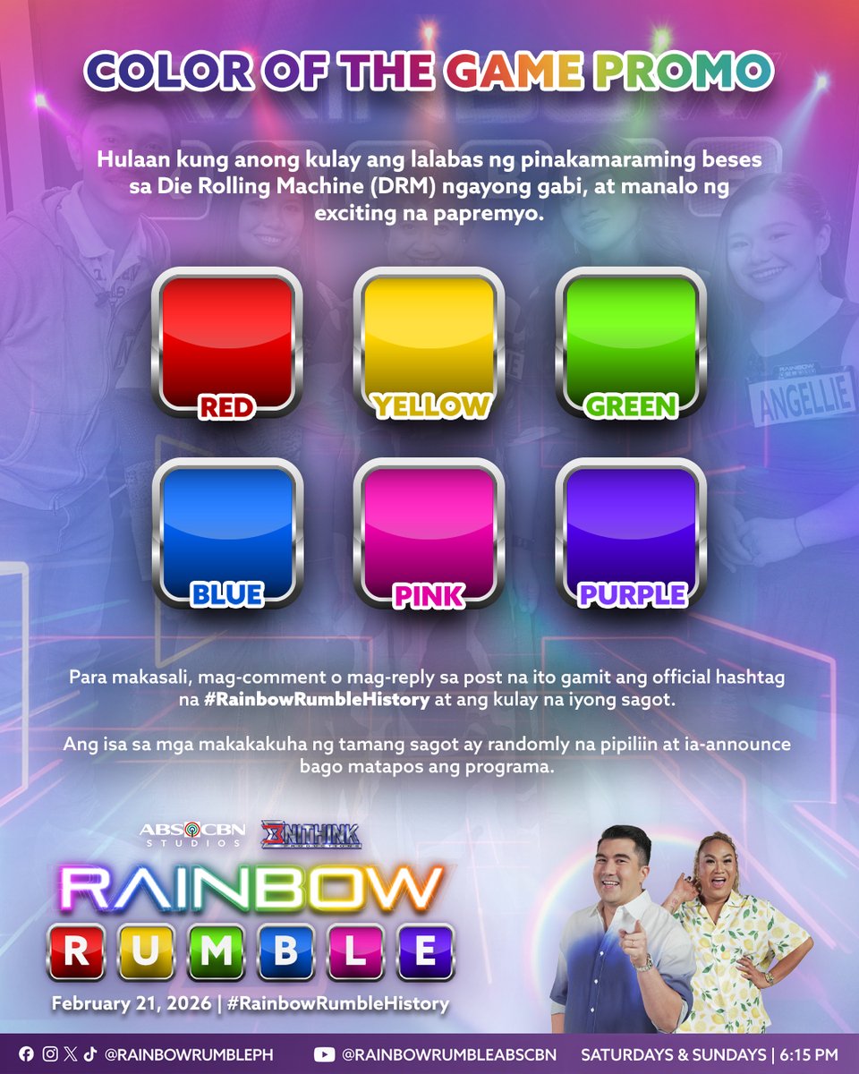 RainbowRumblePH's tweet photo. Chance mo na para manalo ng exciting na papremyo sa COLOR OF THE GAME promo! 🌈💪🏻

Hulaan kung anong kulay ang lalabas ng pinakamaraming beses sa DRM ngayong gabi. Para makasali, mag-reply dito gamit ang hashtag na #RainbowRumbleHistory at ang kulay na iyong sagot. https://t.co/hy8UP1GvR9