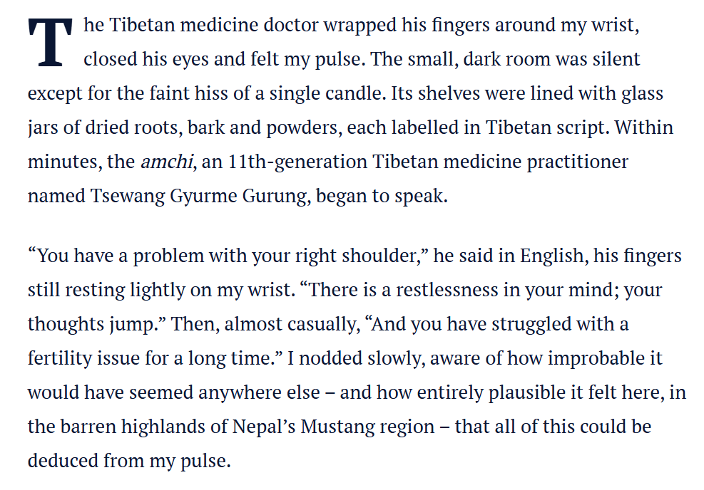 There must be something to this eastern medicine, just from her pulse this guy could tell a 40 year old journalist was childless and had anxiety.