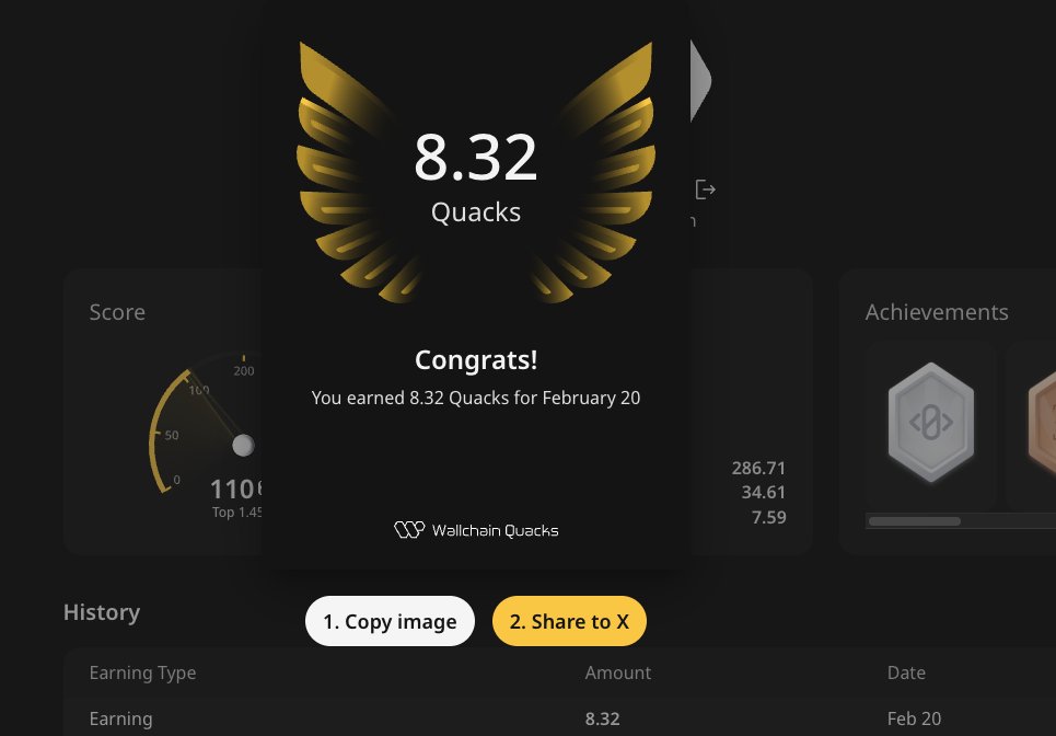 Quackers how many quacks did you earn today?  
<a href="/wallchain/">Wallchain Quacks</a> blessed me with 8.32 double-digit quacks loading ...
Focus on <a href="/x__score/">Wallchain Score</a> connect with real humans share real voices and avoid noise
This app is meant for communities try to grow yours that's all