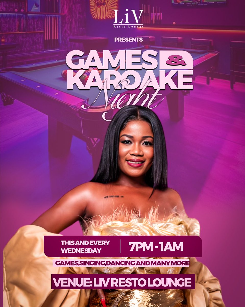 Accraaa!!! #HumpDay just got more lit!! 

I’m hosting #Karaoke &amp; #Games this Wednesday and every Wednesday at Liv Resto Lounge in East Legon!

Come and let’s sing our fav songs, play games + have a fun midweek (with your friends/lover(s)/girls/boys or alone)

Good food, drinks,