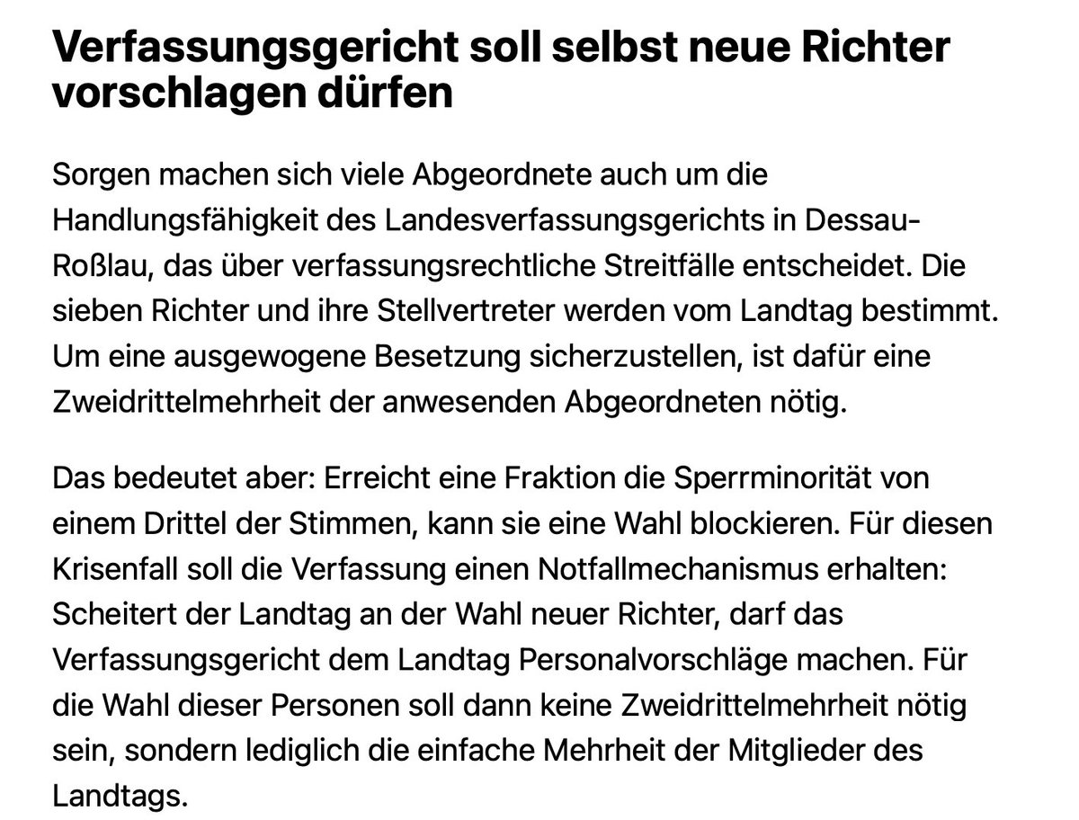 Die Altparteien wollen in Sachsen-Anhalt die Gewaltenteilung angreifen. 
Ich meine, die Menschen, die damals die 2/3 Mehrheit für eine Richterwahl festgeschrieben haben, haben sich ja etwas gedacht dabei. Deren Gedankengang war folgender:
Wenn man mit einer einfachen Mehrheit