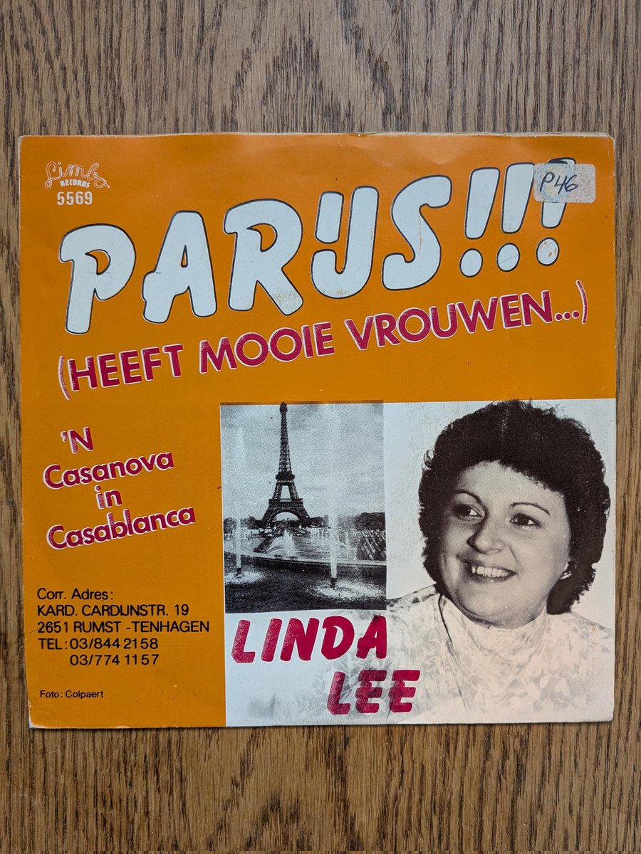 h_donker's tweet photo. Belgian singer Linda Lee's 'PARIJS!!! (heeft mooie vrouwen...)' record cover from 1988 sports Kaufmann's Balloon with a lovely custom brush script #DutchIJ !!! https://t.co/MF6EIfCKZA