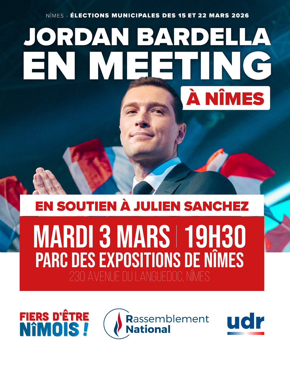 🇫🇷 Mardi 3 mars à 19h30, <a href="/J_Bardella/">Jordan Bardella</a> sera à Nîmes pour un grand meeting de soutien à <a href="/jsanchez_rn/">Julien Sanchez</a> !

➡️ Rendez-vous au Parc des Expositions, ouverture des portes à 18h.

🎟️ Inscriptions : my.weezevent.com/meetingRN-nimes