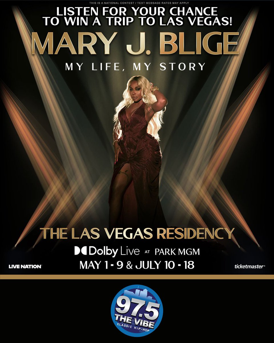 Mary. J. Blige: My Life, My Story The Las Vegas Residency is coming to Dolby Live at Park MGM this May and July, and YOU could be there on opening night!

Listen to 97-5 The Vibe weekdays at 8:20am, 10:20am, 12:20pm and 4:20pm for your chance to win!