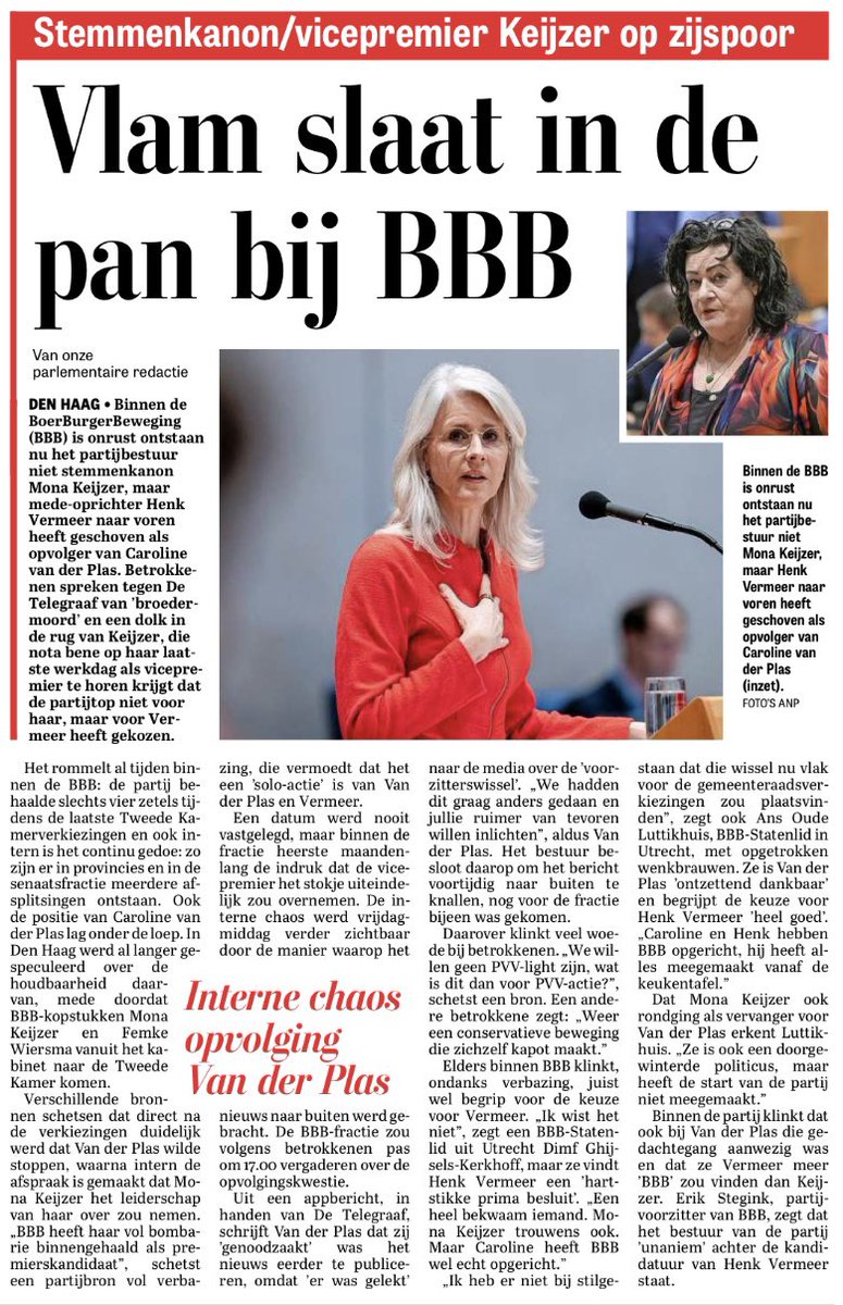 Vlam slaat in de pan bij BBB. Weer een rechtse partij die door interne conflicten ten onder gaat. Heel dom besluit en een mes in de rug van Keijzer. Het was haar namelijk al toegezegd. Neem je zetel maar mee naar JA21 <a href="/MonaKeijzer/">Mona Keijzer</a> dan zit je met een capabele fractie in de Kamer.