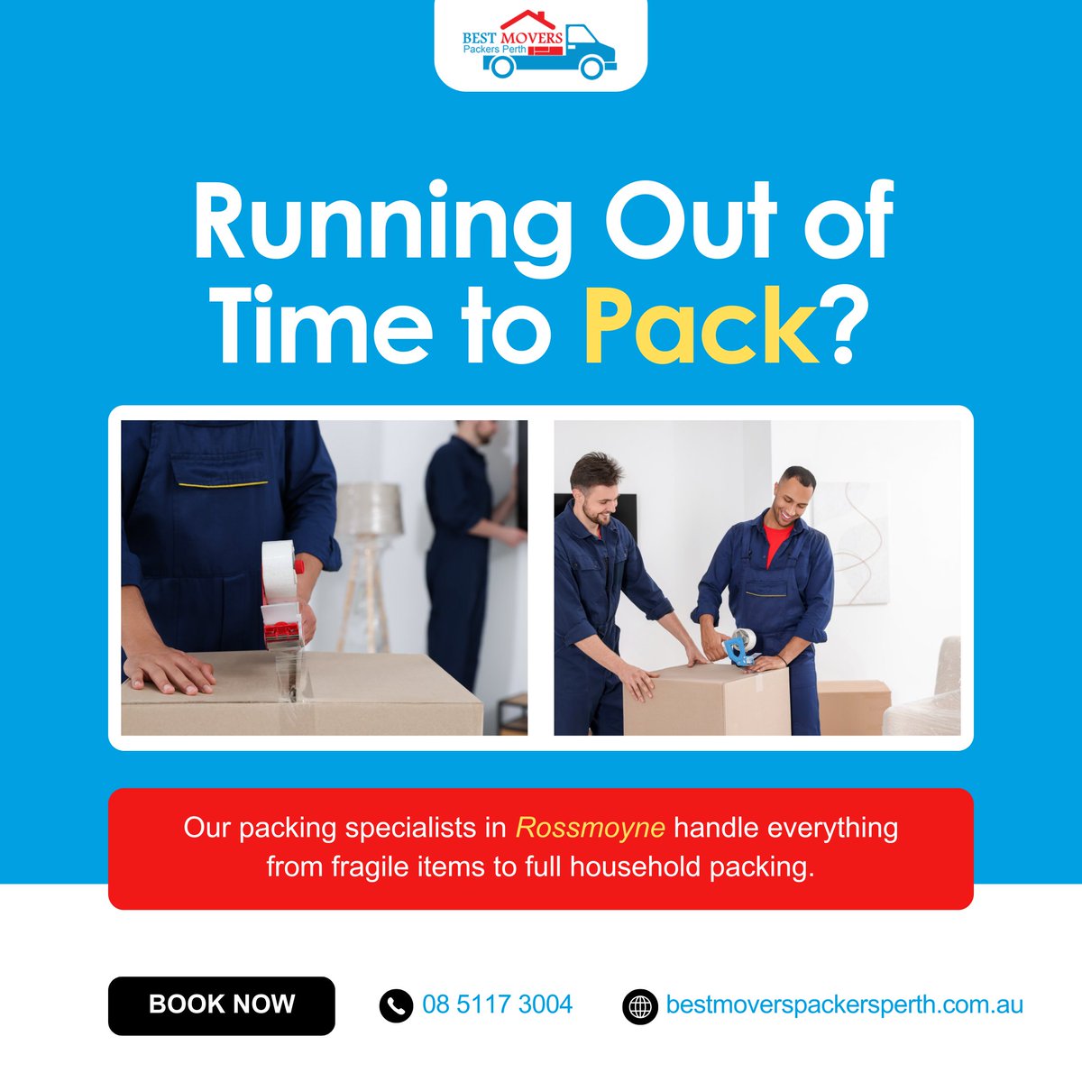 bestmoveperth's tweet image. 📦 Running Out of Time to Pack? We’ve Got You Covered!

#Movingsoon and don’t have time to pack? Our professional #packingspecialists in Rossmoyne handle everything — from delicate fragile items to complete #householdpacking.

📞 Call Now: 08 5117 3004
🌐 bestmoverspackersperth.com.au/suburbs/remova…