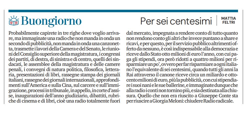 scandura's tweet photo. "Per sei centesimi"

Il Buongiorno di Feltri su Radio Radicale,
ficcante ed efficace

(come solo lui sa fare: grazie Mattia). https://t.co/Ya43QsOQHc