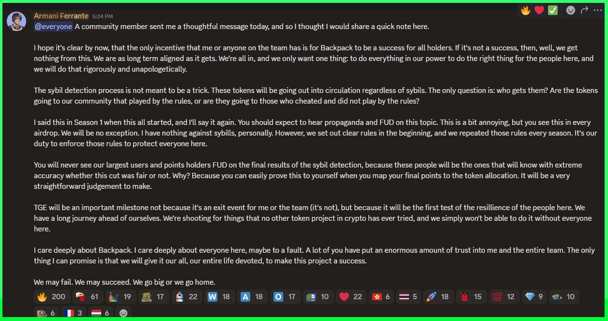 <a href="/Backpack/">Backpack 🎒</a> 最近有不少fud情绪在传染，请冷静思考，不要被别人的情绪带着走。现在正是最佳的获取筹码的时机：

Bp最高返通道：
backpack.exchange/refer/shu

fud原因：
1.女巫+二次验证让不少工作室损失惨重
2.大盘行情不好，市场情绪低迷
3.积分赛季推迟