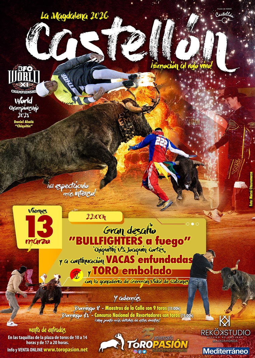 toropasion's tweet photo. 🔥💥 𝗖𝗔𝗦𝗧𝗘𝗟𝗟𝗢́𝗡, 𝗘𝗠𝗢𝗖𝗜𝗢́𝗡 𝗔𝗟 𝗥𝗢𝗝𝗢 𝗩𝗜𝗩𝗢 💥🔥
El viernes 13 de marzo – 22:00h llega el desafío más explosivo de La Magdalena 2026:

🐂🔥 “𝗕𝗨𝗟𝗟𝗙𝗜𝗚𝗛𝗧𝗘𝗥𝗦 𝗔 𝗙𝗨𝗘𝗚𝗢”, vacas enfundadas y toro embolado.

🎟️ INFO y entradas https://t.co/f32H6xXMqo https://t.co/ssRwHydj62