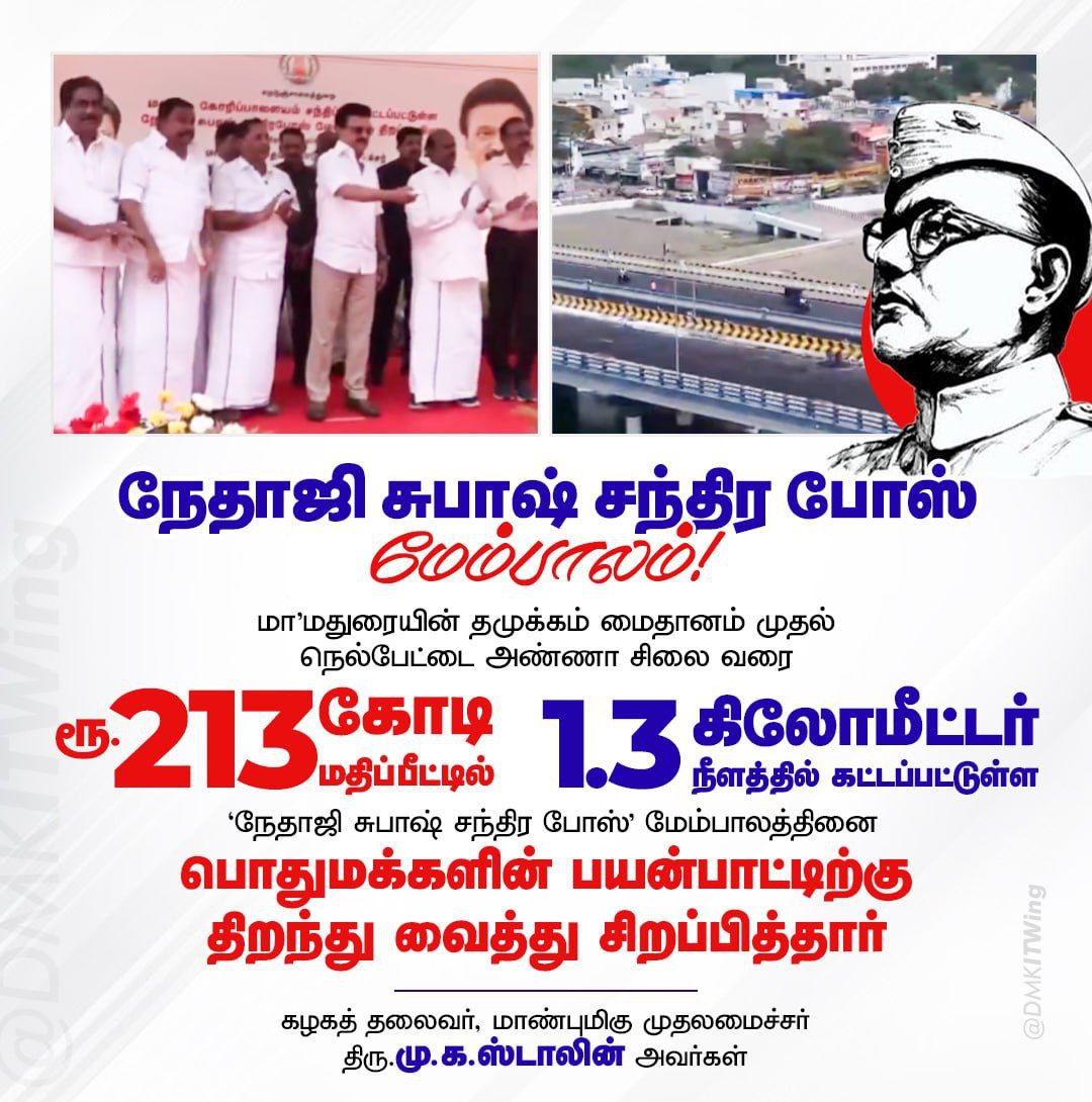 மா'மதுரையின் தமுக்கம் மைதானம் முதல் நெல்பேட்டை அண்ணா சிலை வரை 1.3 கிலோமீட்டர் நீளத்தில் கட்டப்பட்டுள்ள நேதாஜி சுபாஷ் சந்திர போஸ் மேம்பாலத்தினை பொதுமக்களின் பயன்பாட்டிற்கு மாண்புமிகு முதலமைச்சர் திரு <a href="/mkstalin/">M.K.Stalin - தமிழ்நாட்டை தலைகுனிய விடமாட்டேன்</a> அவர்கள் திறந்து வைத்துச் சிறப்பித்தார்!

#DMK4TN