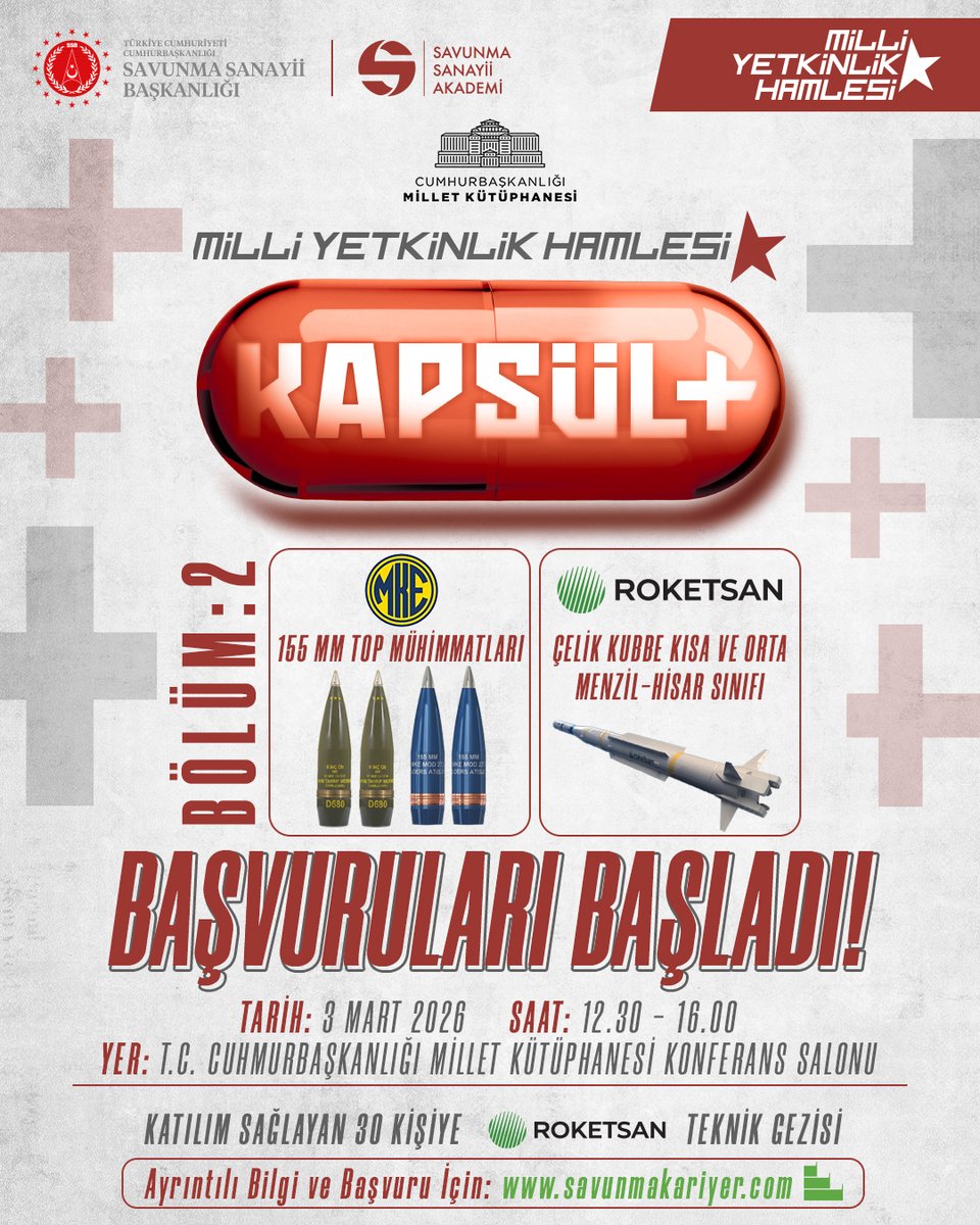 savunmakariyer's tweet photo. 📢 Milli Yetkinlik Hamlesi KAPSÜL + Programı BÖLÜM 2️⃣ Başvuruları BAŞLADI❗

Program hakkında detaylı bilgi almak ve başvuru yapmak için👉 https://t.co/vxOEhunhM6 https://t.co/QMLYdLd7E7