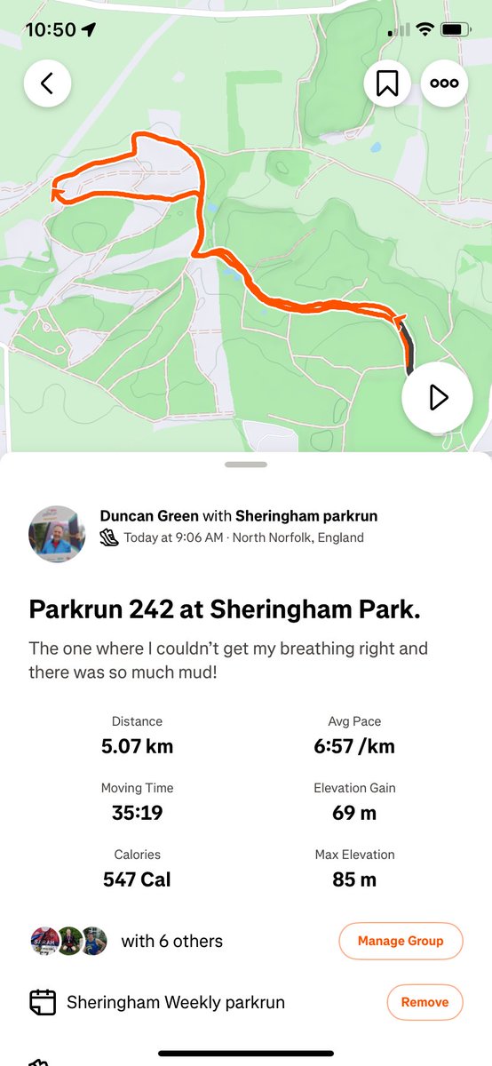 A damp morning for #parkrun 242 at Sheringham Park. All the rain yesterday made it a very muddy run today. It was lovely to be out in the park, just one entitled ‘bloke’ with a dog who barged his way through a few of us at a very muddy spot. 🙄 Good to see <a href="/JEAcott23/">Jan</a> as always!