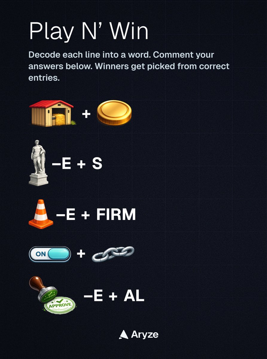 Play N’ Win 🧩

Decode the 5 clues and reply with your answers (1–5).How to enter:

- Follow <a href="/AryzeOfficial/">Aryze</a> ✅ + join Telegram: t.me/ARYZEofficial 📲
- RT this 🔁 + tag 1 friend 👯
- Comment your answers (1–5) 💬🎁 $250 $RYZE total | 

10 winners get $25 RYZE
Ends Sunday